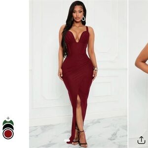 Fashion Nova Deep V Burgundy Maxi Dress with Front Slit